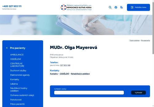 Zobrazit webové stránky Rehabilitační ambulance - Nemocnice Kutná Hora - MUDr. Olga Mayerová