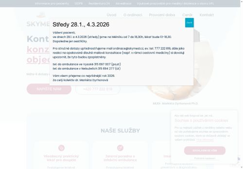 Zobrazit webové stránky Praktický lékař pro dospělé Skymed - MUDr. Markéta Dyrhonová, Ph.D., MUDr. Jiří Šanda, MUDr. Zuzana Hanušová