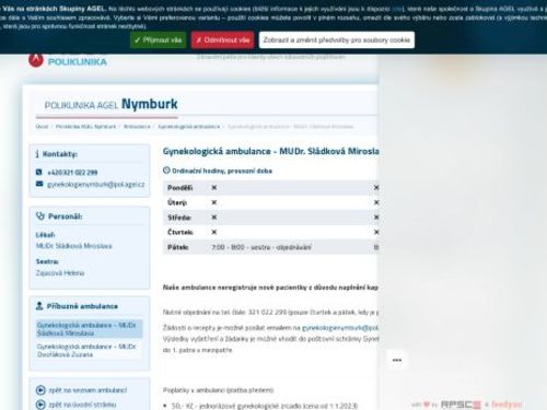 Gynekologická ambulance Poliklinika AGEL Nymburk - MUDr. Miroslava Sládková