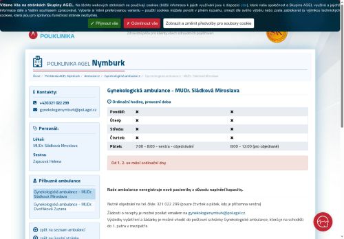 Zobrazit webové stránky Gynekologická ambulance Poliklinika AGEL Nymburk - MUDr. Miroslava Sládková