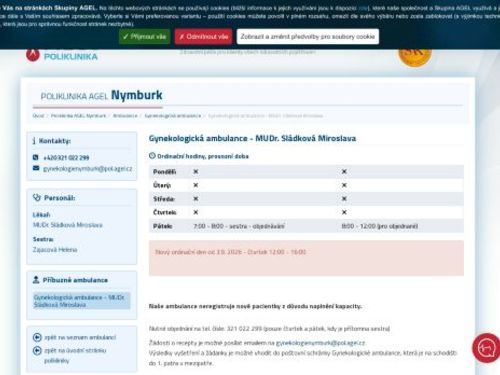 Gynekologická ambulance Poliklinika AGEL Nymburk - MUDr. Miroslava Sládková