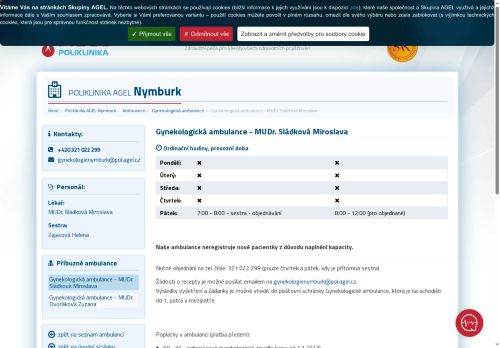 Zobrazit webové stránky Gynekologická ambulance Poliklinika AGEL Nymburk - MUDr. Miroslava Sládková