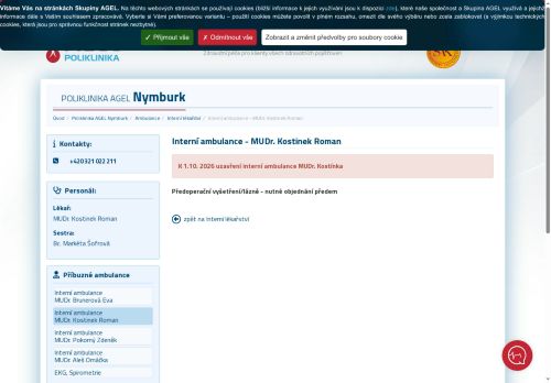 Zobrazit webové stránky Interní ambulance Poliklinika AGEL Nymburk - MUDr. Roman Kostinek