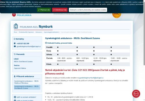 Zobrazit webové stránky Gynekologická ambulance Poliklinika AGEL Nymburk - MUDr. Zuzana Dvořáková