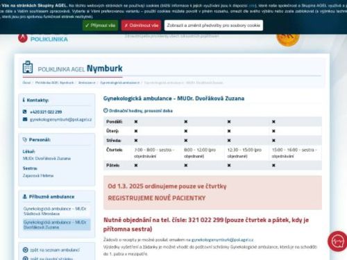 Gynekologická ambulance Poliklinika AGEL Nymburk - MUDr. Zuzana Dvořáková