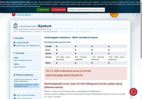 Zobrazit webové stránky Gynekologická ambulance Poliklinika AGEL Nymburk - MUDr. Zuzana Dvořáková