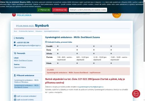 Zobrazit webové stránky Gynekologická ambulance Poliklinika AGEL Nymburk - MUDr. Zuzana Dvořáková