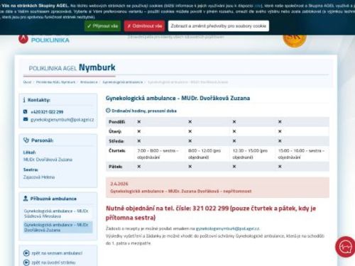 Gynekologická ambulance Poliklinika AGEL Nymburk - MUDr. Zuzana Dvořáková