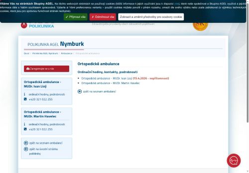 Zobrazit webové stránky Ortopedická ambulance Poliklinika AGEL Nymburk -⁠ MUDr. Ivan Lisý, MUDr. Martin Havelec