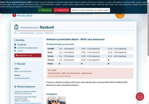 Zobrazit webové stránky Praktický lékař pro dospělé Poliklinika AGEL Nymburk - MUDr. Jana Kohoutová