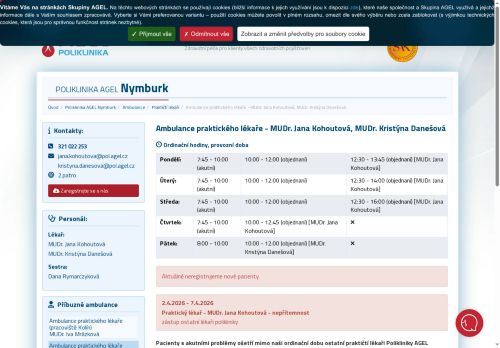 Zobrazit webové stránky Praktický lékař pro dospělé Poliklinika AGEL Nymburk - MUDr. Jana Kohoutová