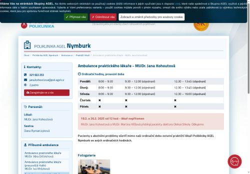 Zobrazit webové stránky Praktický lékař pro dospělé Poliklinika AGEL Nymburk - MUDr. Jana Kohoutová