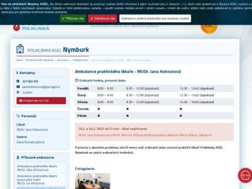 Praktický lékař pro dospělé Poliklinika AGEL Nymburk - MUDr. Jana Kohoutová