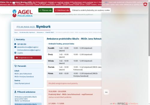 Zobrazit webové stránky Praktický lékař pro dospělé Poliklinika AGEL Nymburk - MUDr. Jana Kohoutová