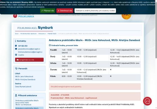 Zobrazit webové stránky Praktický lékař pro dospělé Poliklinika AGEL Nymburk - MUDr. Jana Kohoutová