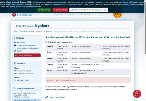 Zobrazit webové stránky Praktický lékař pro dospělé Poliklinika AGEL Nymburk - MUDr. Jana Kohoutová
