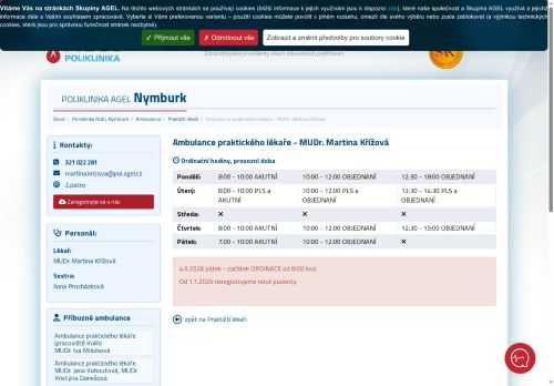 Zobrazit webové stránky Praktický lékař pro dospělé Poliklinika AGEL Nymburk - MUDr. Martina Křížová