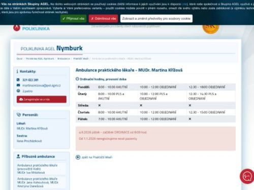 Praktický lékař pro dospělé Poliklinika AGEL Nymburk - MUDr. Martina Křížová