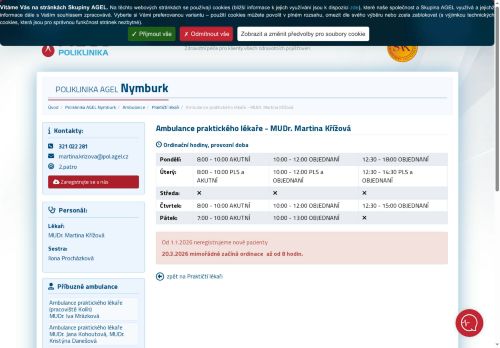 Zobrazit webové stránky Praktický lékař pro dospělé Poliklinika AGEL Nymburk - MUDr. Martina Křížová