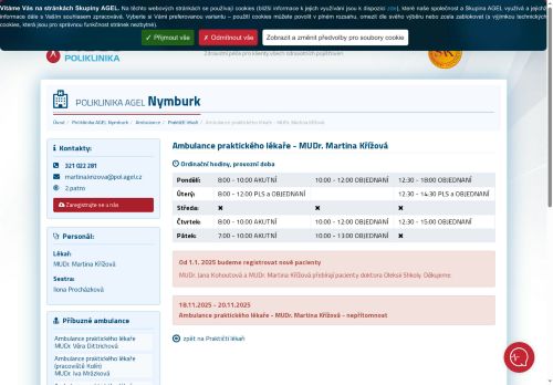 Zobrazit webové stránky Praktický lékař pro dospělé Poliklinika AGEL Nymburk - MUDr. Martina Křížová