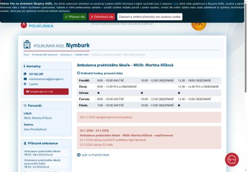 Zobrazit webové stránky Praktický lékař pro dospělé Poliklinika AGEL Nymburk - MUDr. Martina Křížová
