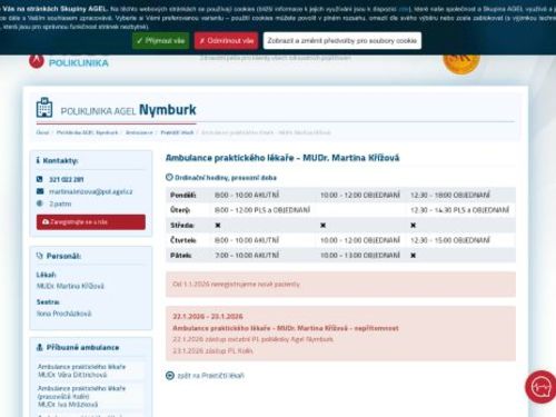 Praktický lékař pro dospělé Poliklinika AGEL Nymburk - MUDr. Martina Křížová