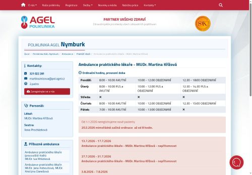 Zobrazit webové stránky Praktický lékař pro dospělé Poliklinika AGEL Nymburk - MUDr. Martina Křížová