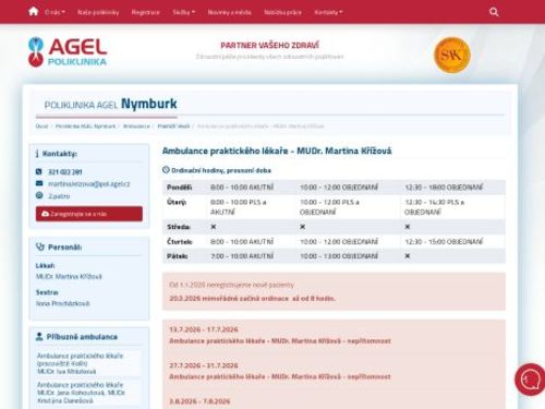 Praktický lékař pro dospělé Poliklinika AGEL Nymburk - MUDr. Martina Křížová