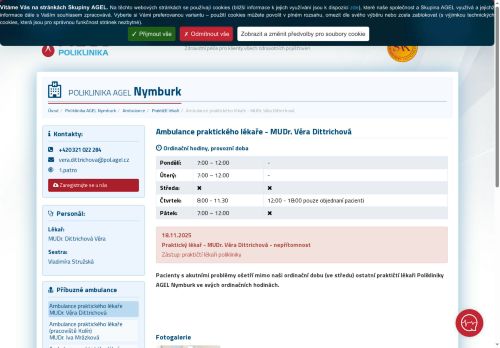 Zobrazit webové stránky Praktický lékař pro dospělé Poliklinika AGEL Nymburk - MUDr. Věra Dittrichová