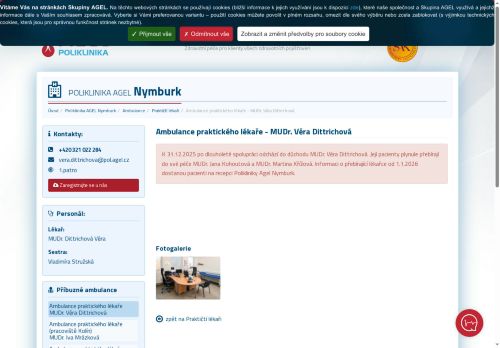 Zobrazit webové stránky Praktický lékař pro dospělé Poliklinika AGEL Nymburk - MUDr. Věra Dittrichová