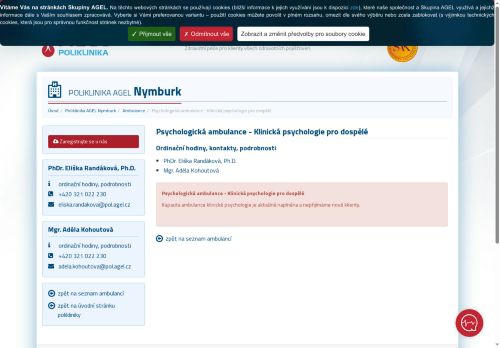 Zobrazit webové stránky Ambulance klinické psychologie pro dospělé Poliklinika AGEL Nymburk - PhDr. Eliška Randáková, Mgr. Dana Kynclová