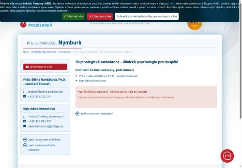 Zobrazit webové stránky Ambulance klinické psychologie pro dospělé Poliklinika AGEL Nymburk - PhDr. Eliška Randáková, Mgr. Dana Kynclová