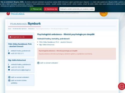 Ambulance klinické psychologie pro dospělé Poliklinika AGEL Nymburk - PhDr. Eliška Randáková, Mgr. Dana Kynclová