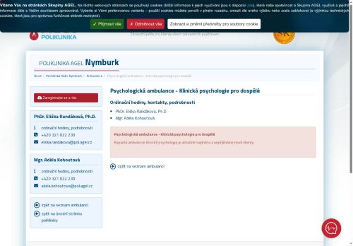 Zobrazit webové stránky Ambulance klinické psychologie pro dospělé Poliklinika AGEL Nymburk - PhDr. Eliška Randáková, Mgr. Dana Kynclová