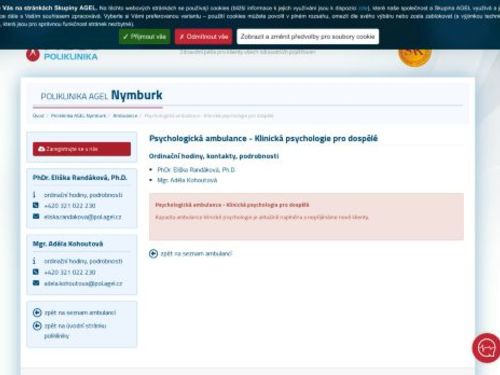 Ambulance klinické psychologie pro dospělé Poliklinika AGEL Nymburk - PhDr. Eliška Randáková, Mgr. Dana Kynclová
