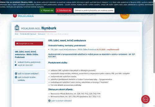 Zobrazit webové stránky ORL ambulance Poliklinika AGEL Nymburk - MUDr. Oneda Ruci, MUDr. Eliška Probstová