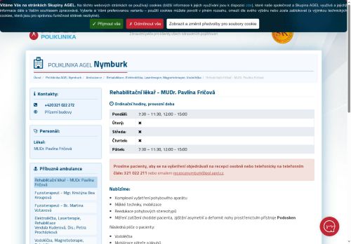 Zobrazit webové stránky Ambulance rehabilitačního lékaře Poliklinika AGEL Nymburk - MUDr. Pavlína Fričová