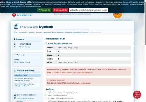 Zobrazit webové stránky Ambulance rehabilitačního lékaře Poliklinika AGEL Nymburk - MUDr. Pavlína Fričová