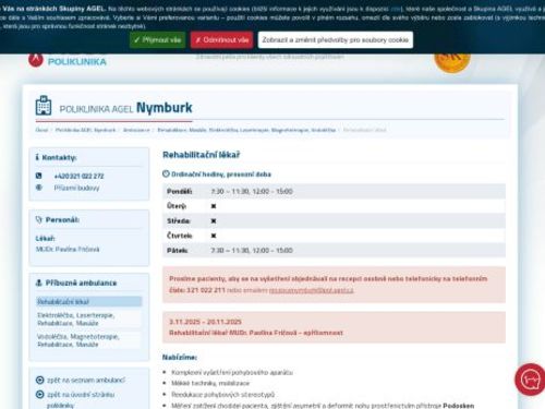 Ambulance rehabilitačního lékaře Poliklinika AGEL Nymburk - MUDr. Pavlína Fričová