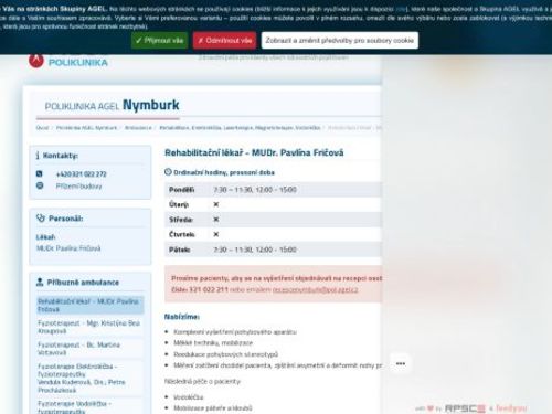 Ambulance rehabilitačního lékaře Poliklinika AGEL Nymburk - MUDr. Pavlína Fričová