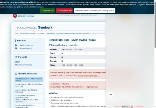 Zobrazit webové stránky Ambulance rehabilitačního lékaře Poliklinika AGEL Nymburk - MUDr. Pavlína Fričová