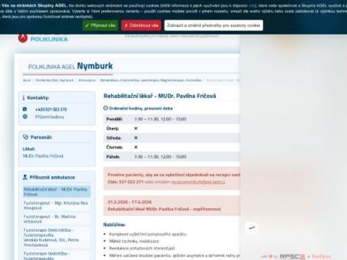 Ambulance rehabilitačního lékaře Poliklinika AGEL Nymburk - MUDr. Pavlína Fričová