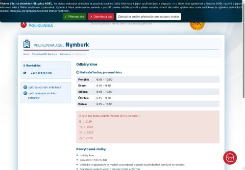 Zobrazit webové stránky Odběry krve Poliklinika AGEL Nymburk