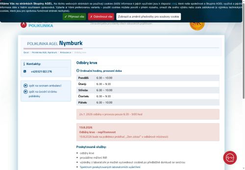 Zobrazit webové stránky Odběry krve Poliklinika AGEL Nymburk