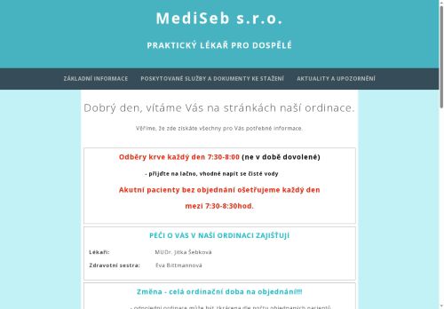 Zobrazit webové stránky Praktický lékař pro dospělé MediSeb s.r.o. - MUDr. Jitka Šebková