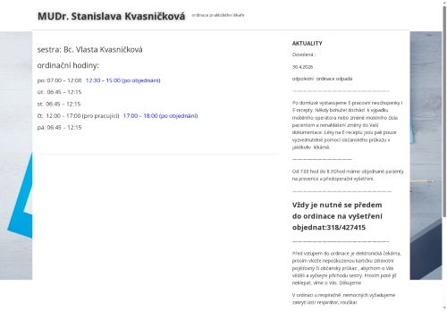 Zobrazit webové stránky Praktický lékař pro dospělé - MUDr. Stanislava Kvasničková