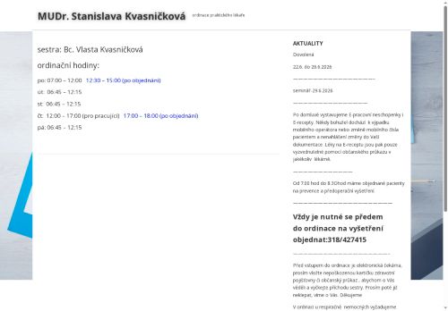 Zobrazit webové stránky Praktický lékař pro dospělé - MUDr. Stanislava Kvasničková