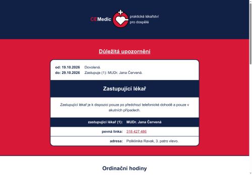 Zobrazit webové stránky Praktický lékař pro dospělé CEMedic - MUDr. Jana Červená