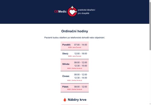 Zobrazit webové stránky Praktický lékař pro dospělé CEMedic - MUDr. Jana Červená
