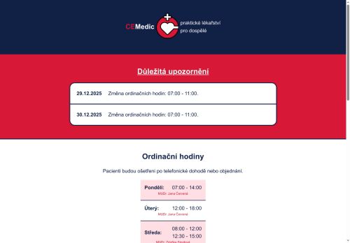 Zobrazit webové stránky Praktický lékař pro dospělé CEMedic - MUDr. Jana Červená